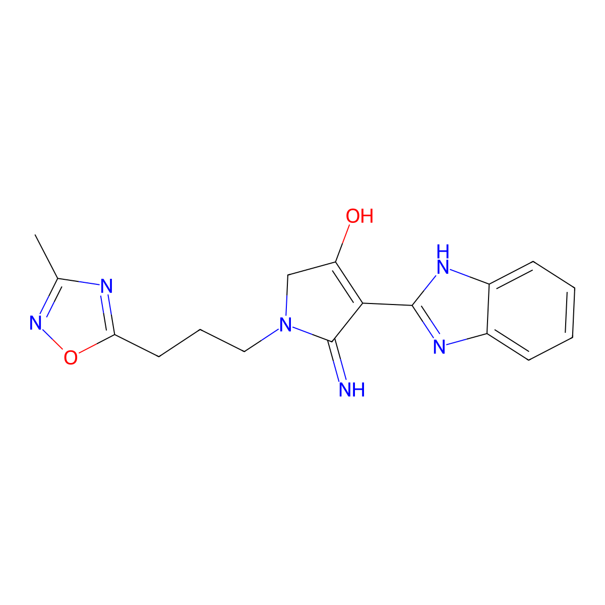 4-(1H-benzimidazol-2-yl)-5-imino-1-[3-(3-methyl-1,2,4-oxadiazol-5-yl)propyl]-2,5-dihydro-1H-pyrrol-3-ol molecular structure, CAS 1676098-45-5