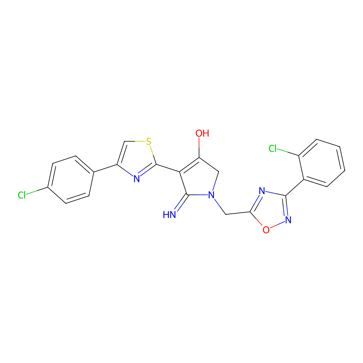1-{[3-(2-chlorophenyl)-1,2,4-oxadiazol-5-yl]methyl}-4-[4-(4-chlorophenyl)-1,3-thiazol-2-yl]-5-imino-2,5-dihydro-1H-pyrrol-3-ol molecular structure, CAS 1676098-54-6