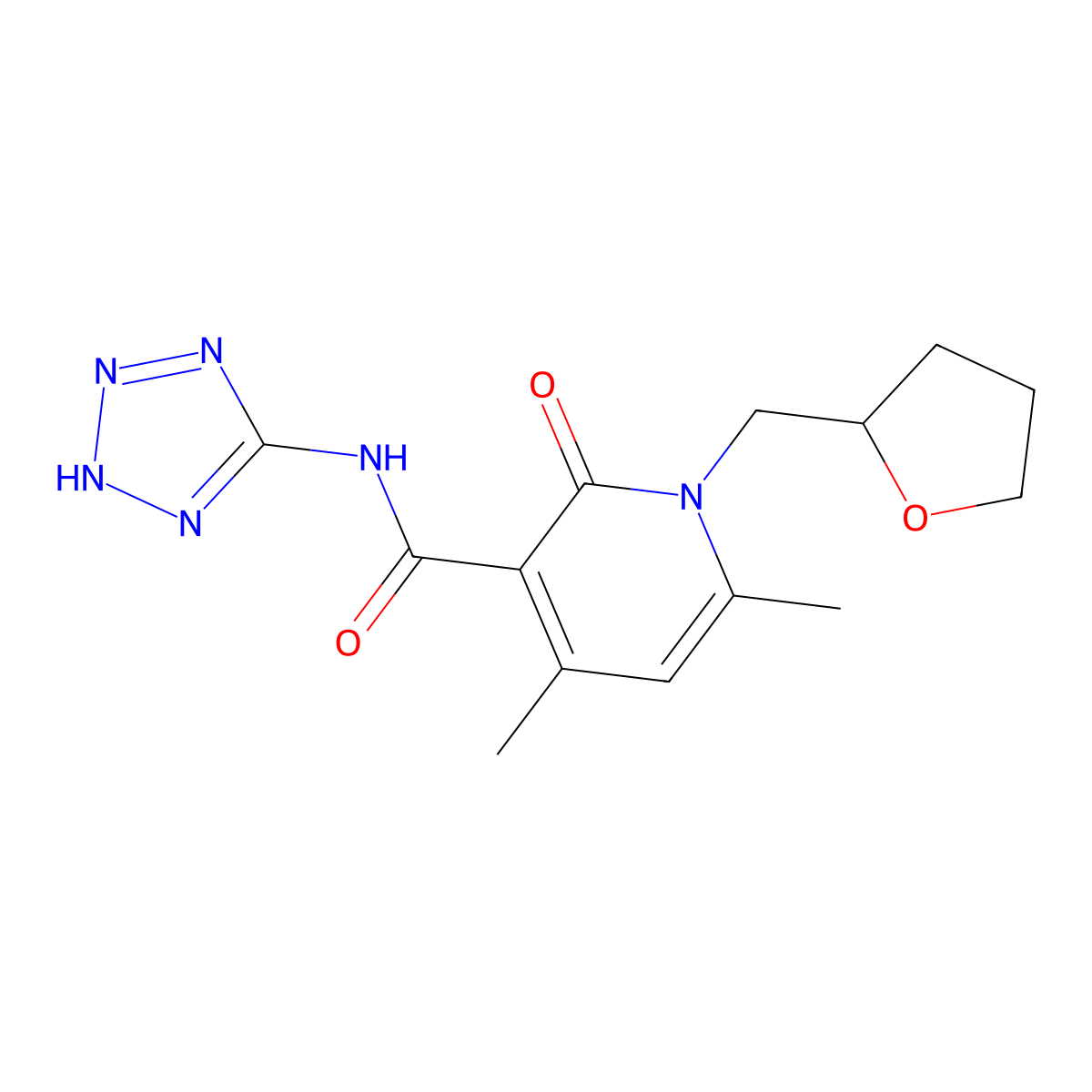 4,6-dimethyl-2-oxo-1-(tetrahydrofuran-2-ylmethyl)-N-(1H-tetrazol-5-yl)-1,2-dihydropyridine-3-carboxamide molecular structure, CAS 1676101-64-6