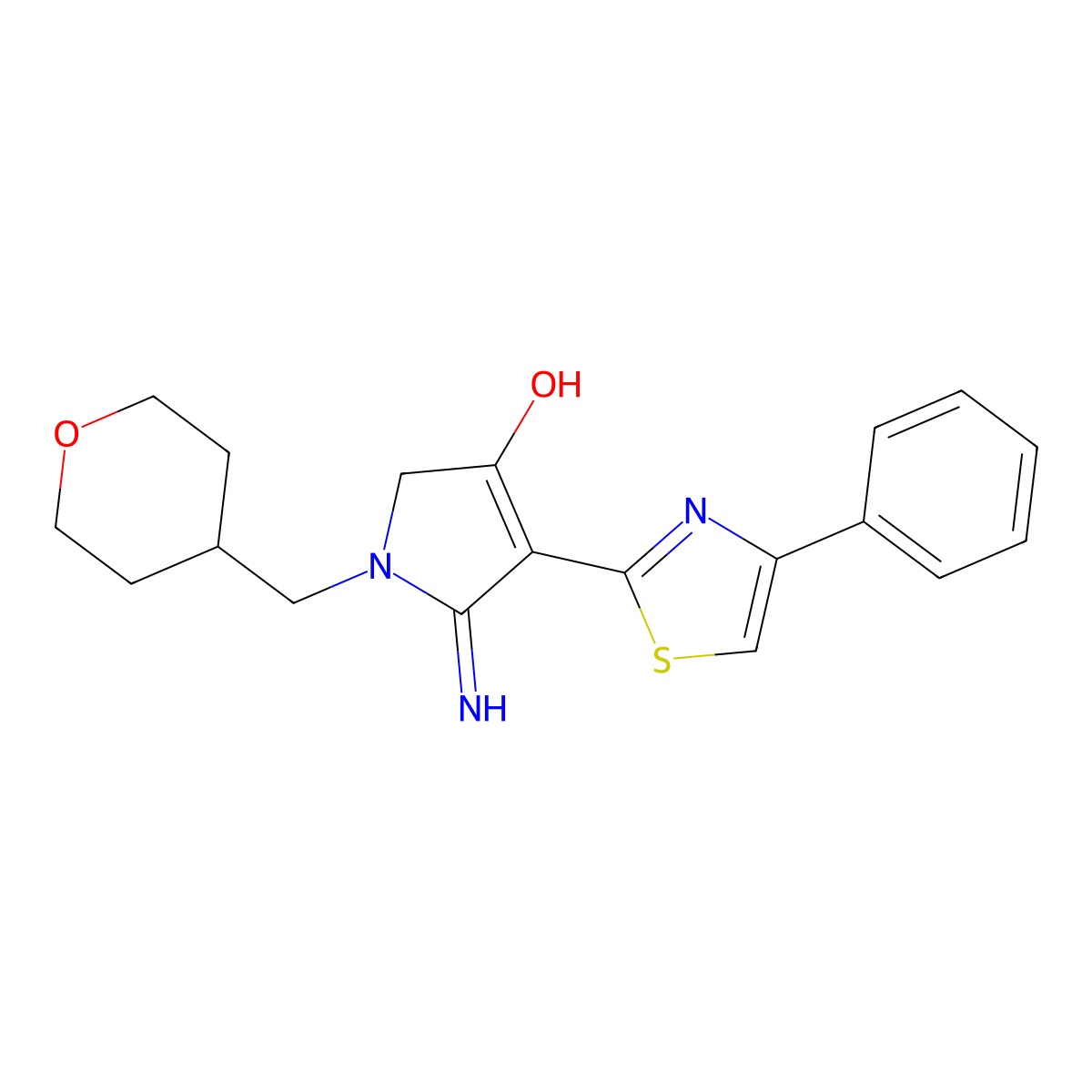 5-imino-4-(4-phenyl-1,3-thiazol-2-yl)-1-(tetrahydro-2H-pyran-4-ylmethyl)-2,5-dihydro-1H-pyrrol-3-ol molecular structure, CAS 1676101-69-1
