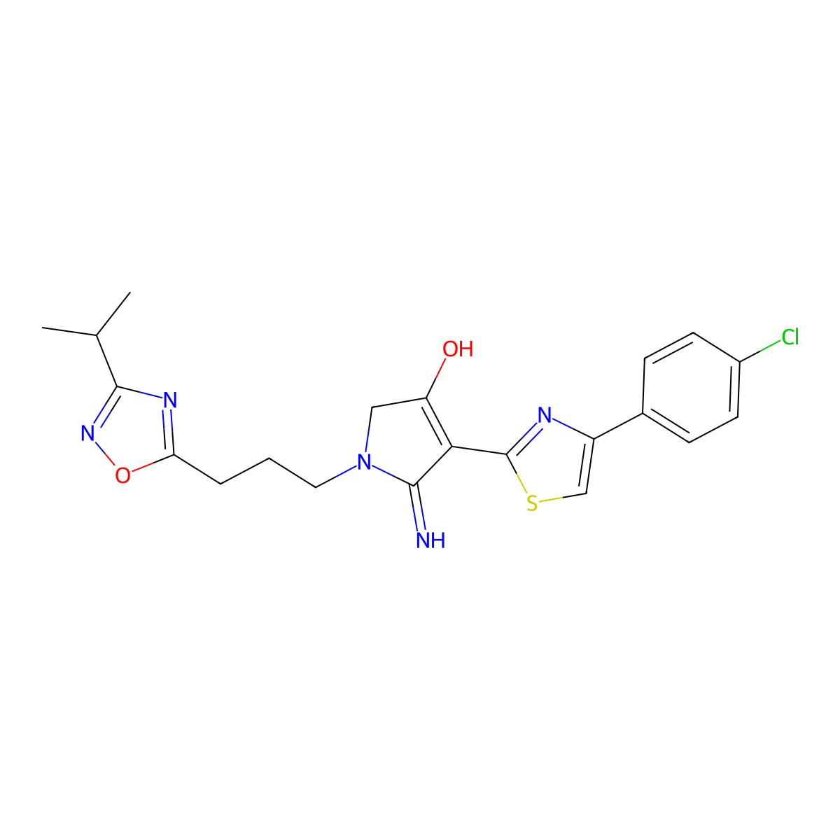 4-[4-(4-chlorophenyl)-1,3-thiazol-2-yl]-5-imino-1-{3-[3-(propan-2-yl)-1,2,4-oxadiazol-5-yl]propyl}-2,5-dihydro-1H-pyrrol-3-ol molecular structure, CAS 1676101-70-4