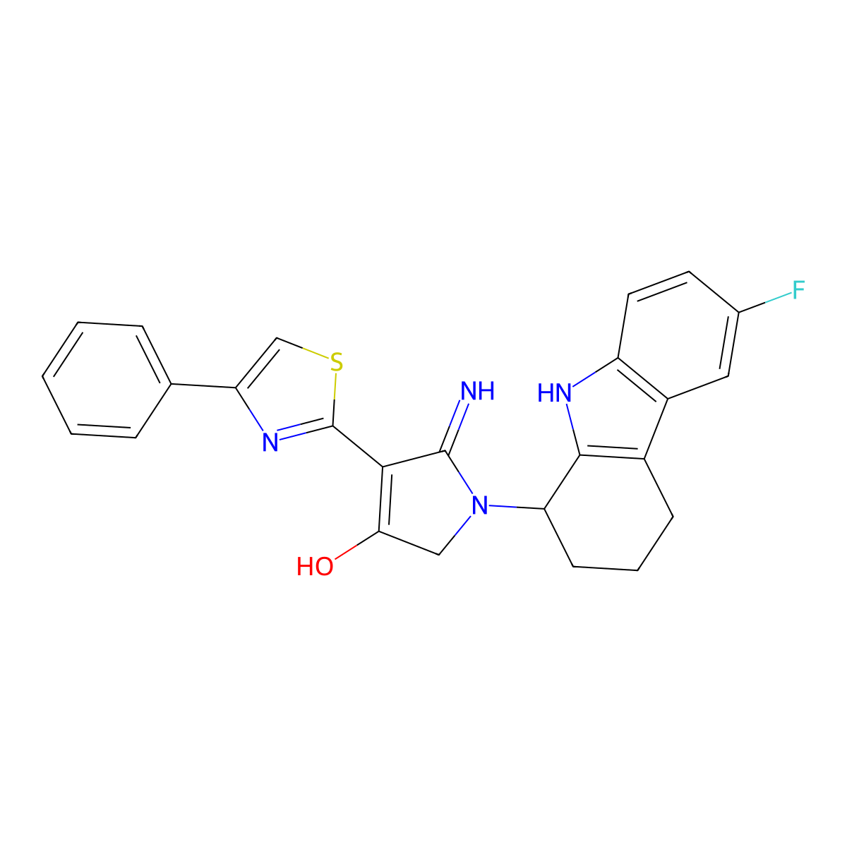 1-(6-fluoro-2,3,4,9-tetrahydro-1H-carbazol-1-yl)-5-imino-4-(4-phenyl-1,3-thiazol-2-yl)-2,5-dihydro-1H-pyrrol-3-ol molecular structure, CAS 1676101-91-9