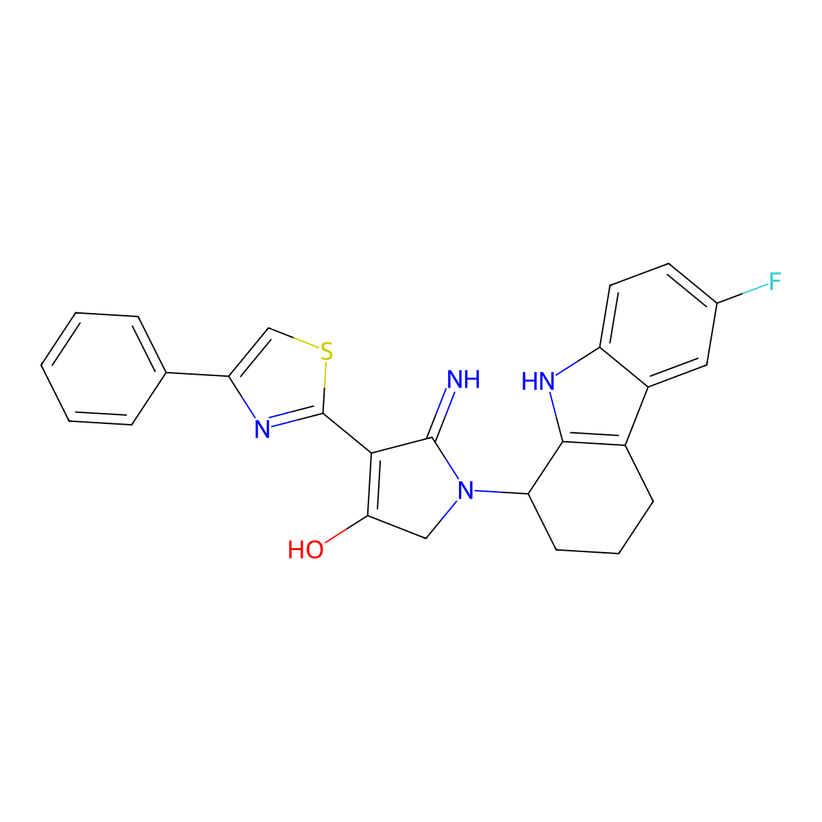 1-(6-fluoro-2,3,4,9-tetrahydro-1H-carbazol-1-yl)-5-imino-4-(4-phenyl-1,3-thiazol-2-yl)-2,5-dihydro-1H-pyrrol-3-ol molecular structure, CAS 1676101-91-9