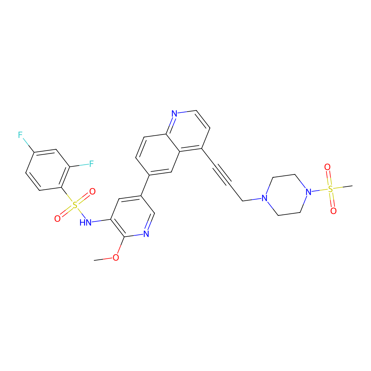 2,4-Difluoro-N-[2-methoxy-5-[4-[3-(4-methylsulfonylpiperazin-1-yl)prop-1-ynyl]quinolin-6-yl]pyridin-3-yl]benzenesulfonamide molecular structure, CAS 1676893-24-5