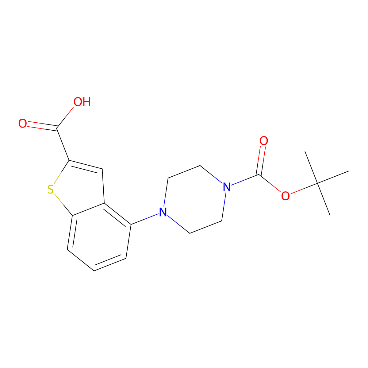 4-(4-(Tert-butoxycarbonyl)piperazin-1-yl)benzo(b)thiophene-2-carboxylic acid molecular structure, CAS 1677681-02-5