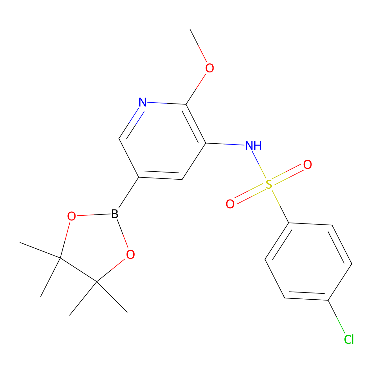 4-chloro-N-[2-methoxy-5-(4,4,5,5-tetramethyl-1,3,2-dioxaborolan-2-yl)pyridin-3-yl]benzene-1-sulfonamide molecular structure, CAS 1677683-74-7