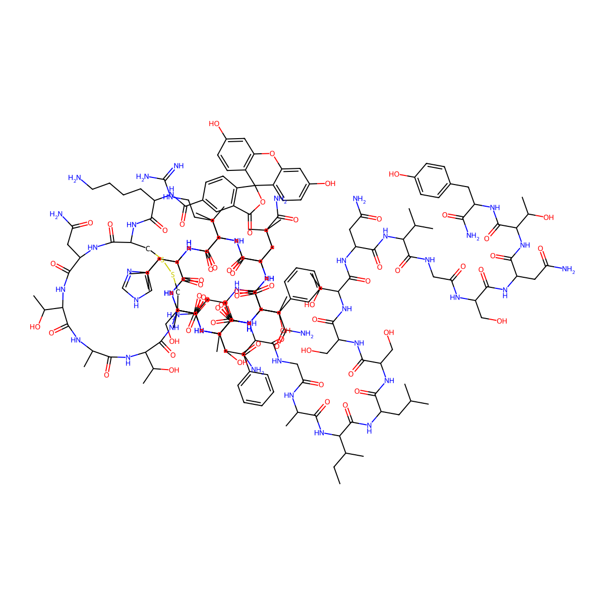 5-FAM-Amylin (human) trifluoroacetate salt Fluorescein-5-carbonyl-Lys-Cys-Asn-Thr-Ala-Thr-Cys-Ala-Thr-Gln-Arg-Leu-Ala-Asn-Phe-Leu-Val-His-Ser-Ser-Asn-Asn-Phe-Gly-Ala-Ile-Leu-Ser-Ser-Thr-Asn-Val-Gly-Ser-Asn-Thr-Tyr-NH2 trifluoroacetate salt (Disulfide bond) molecular structure, CAS 1678414-71-5