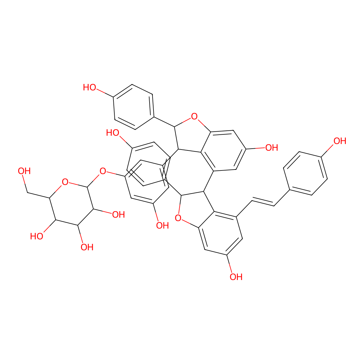 2-[3-Hydroxy-5-[6-hydroxy-4-[6-hydroxy-2-(4-hydroxyphenyl)-4-[2-(4-hydroxyphenyl)ethenyl]-2,3-dihydro-1-benzofuran-3-yl]-2-(4-hydroxyphenyl)-2,3-dihydro-1-benzofuran-3-yl]phenoxy]-6-(hydroxymethyl)oxane-3,4,5-triol molecular structure, CAS 168010-10-4