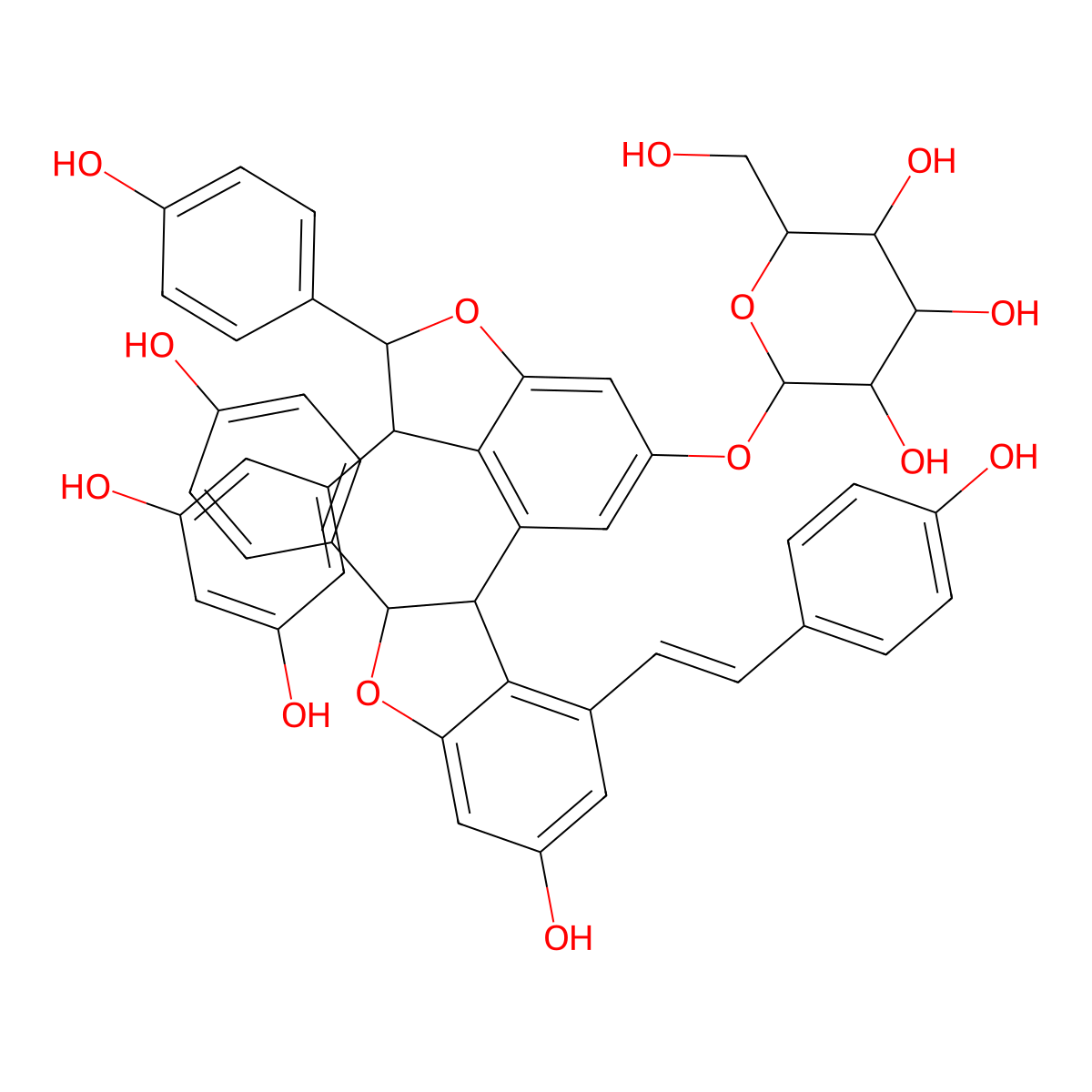 beta-D-Glucopyranoside, (2S,2'R,3S,3'R)-3'-(3,5-dihydroxyphenyl)-2,2',3,3'-tetrahydro-6-hydroxy-2,2'-bis(4-hydroxyphenyl)-4-[(1Z)-2-(4-hydroxyphenyl)ethenyl][3,4'-bibenzofuran]-6'-yl molecular structure, CAS 168010-11-5