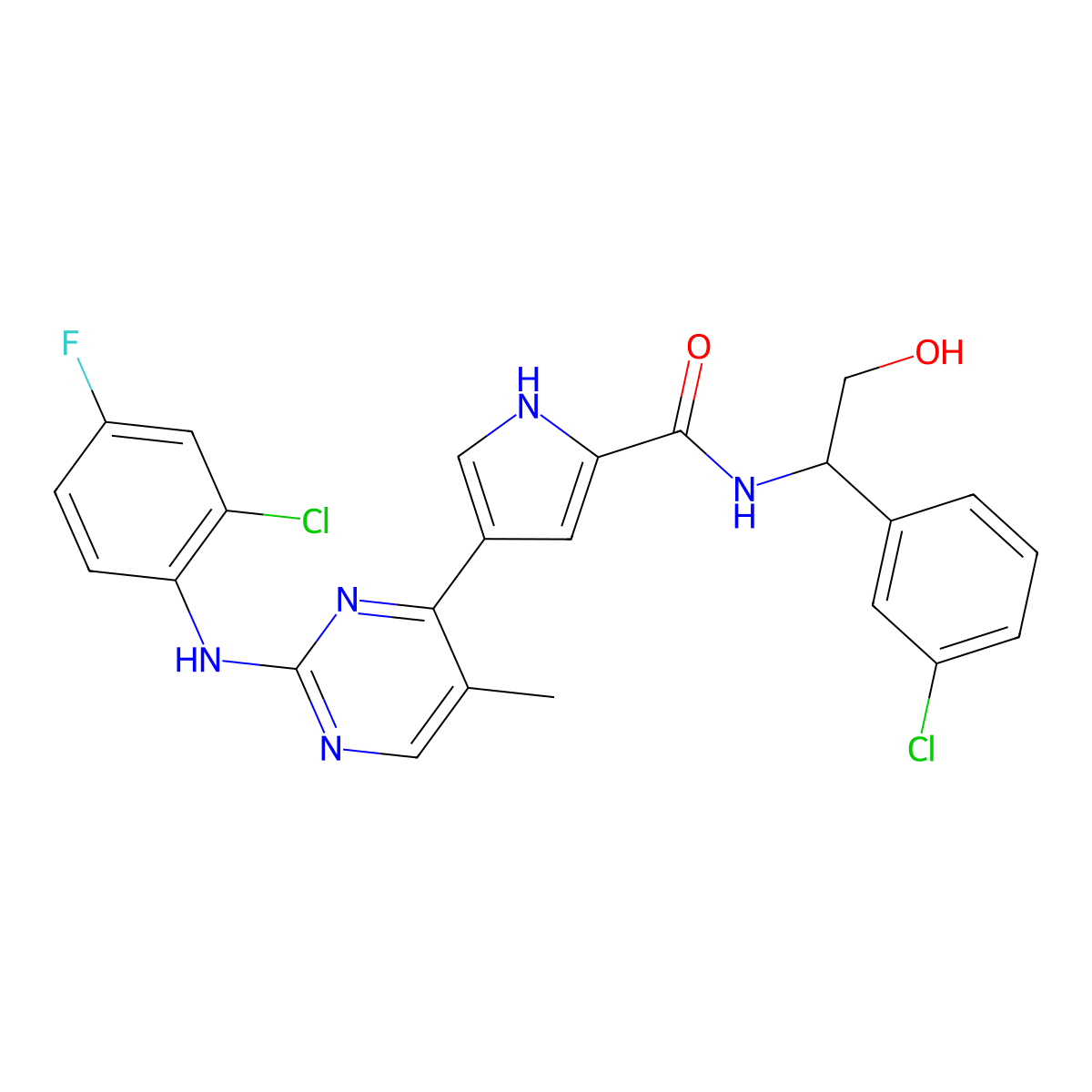 (R)-4-(2-((2-chloro-4-fluorophenyl)aMino)-5-MethylpyriMidin-4-yl)-N-(1-(3-chlorophenyl)-2-hydroxyethyl)-1H-pyrrole-2-carboxaMide molecular structure, CAS 1680187-43-2