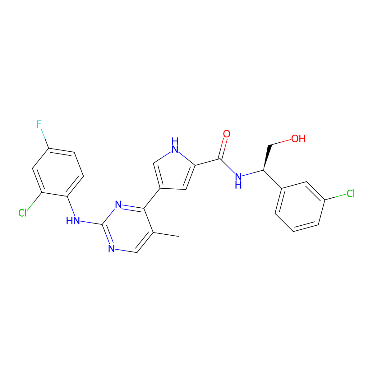 (R)-4-(2-((2-chloro-4-fluorophenyl)aMino)-5-MethylpyriMidin-4-yl)-N-(1-(3-chlorophenyl)-2-hydroxyethyl)-1H-pyrrole-2-carboxaMide molecular structure, CAS 1680187-43-2