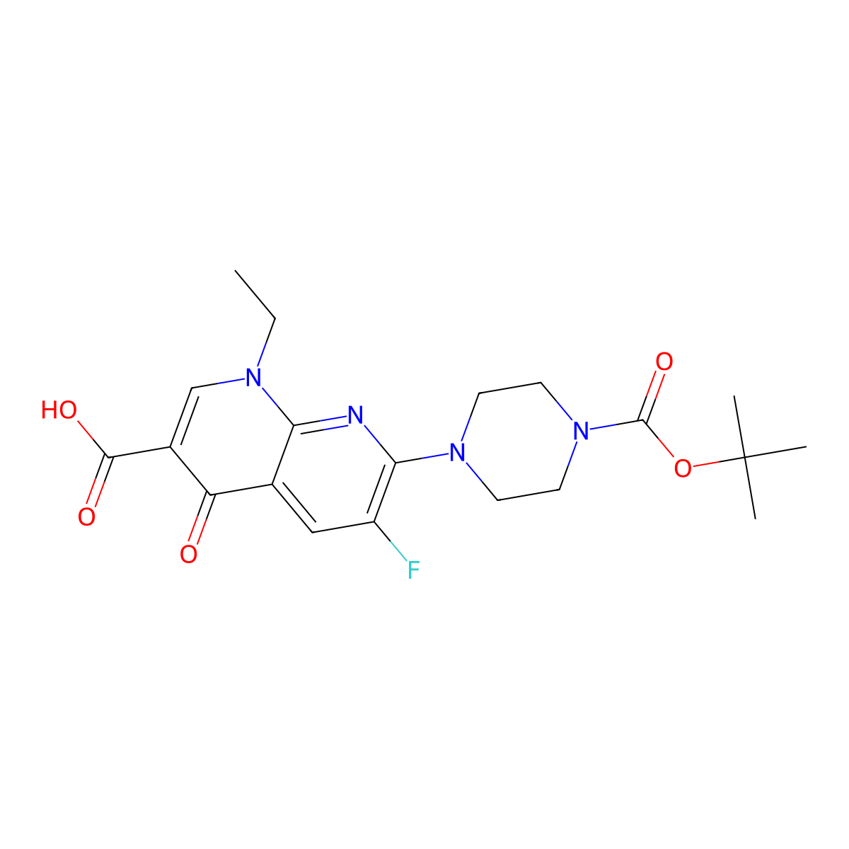 7-(4-((Tert-butoxy)carbonyl)piperazin-1-yl)-1-ethyl-6-fluoro-4-oxo-1,4-dihydro-1,8-naphthyridine-3-carboxylic acid molecular structure, CAS 168031-11-6