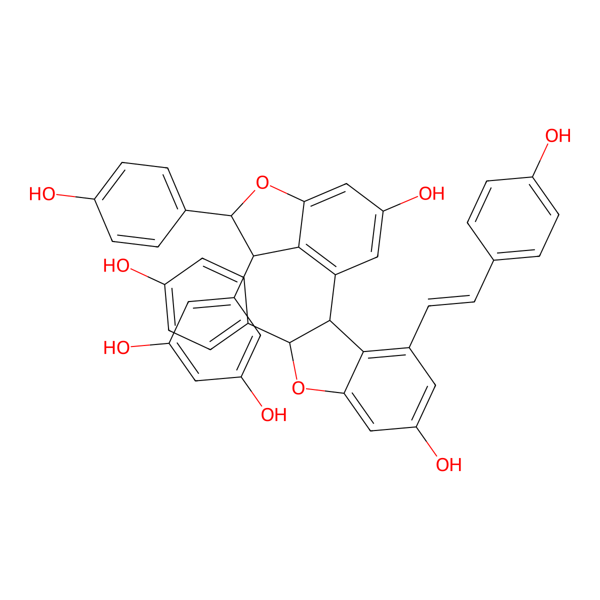 5-[6-Hydroxy-4-[6-hydroxy-2-(4-hydroxyphenyl)-4-[2-(4-hydroxyphenyl)ethenyl]-2,3-dihydro-1-benzofuran-3-yl]-2-(4-hydroxyphenyl)-2,3-dihydro-1-benzofuran-3-yl]benzene-1,3-diol molecular structure, CAS 168037-22-7
