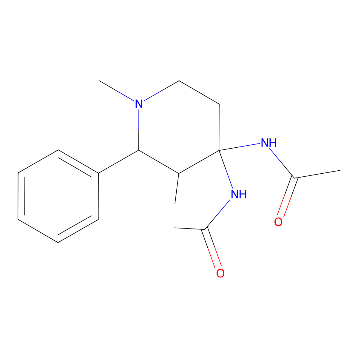 N-(4-acetamido-1,3-dimethyl-2-phenylpiperidin-4-yl)acetamide molecular structure, CAS 168143-20-2