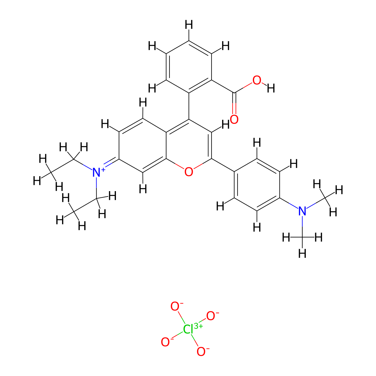 4-[4-(2-Carboxyphenyl)-7-(diethylamino)-2H-1-benzopyran-2-ylidene]-N,N-dimethylcyclohexa-2,5-dien-1-iminium perchlorate molecular structure, CAS 168206-23-3
