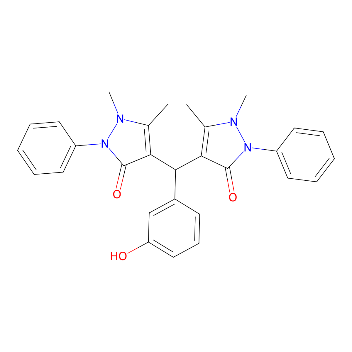 4-[(1,5-dimethyl-3-oxo-2-phenyl-2,3-dihydro-1H-pyrazol-4-yl)(3-hydroxyphenyl)methyl]-1,5-dimethyl-2-phenyl-1,2-dihydro-3H-pyrazol-3-one molecular structure, CAS 168210-85-3