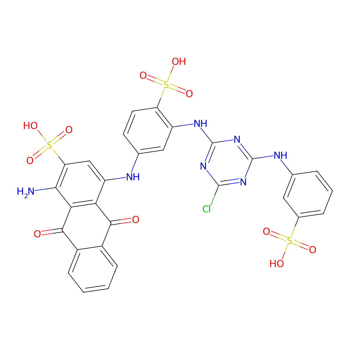 1-Amino-4-((3-((4-chloro-6-((3-sulfophenyl)amino)-1,3,5-triazin-2-yl)amino)-4-sulfophenyl)amino)-9,10-dihydro-9,10-dioxo-2-anthracenesulfonic acid molecular structure, CAS 16823-51-1