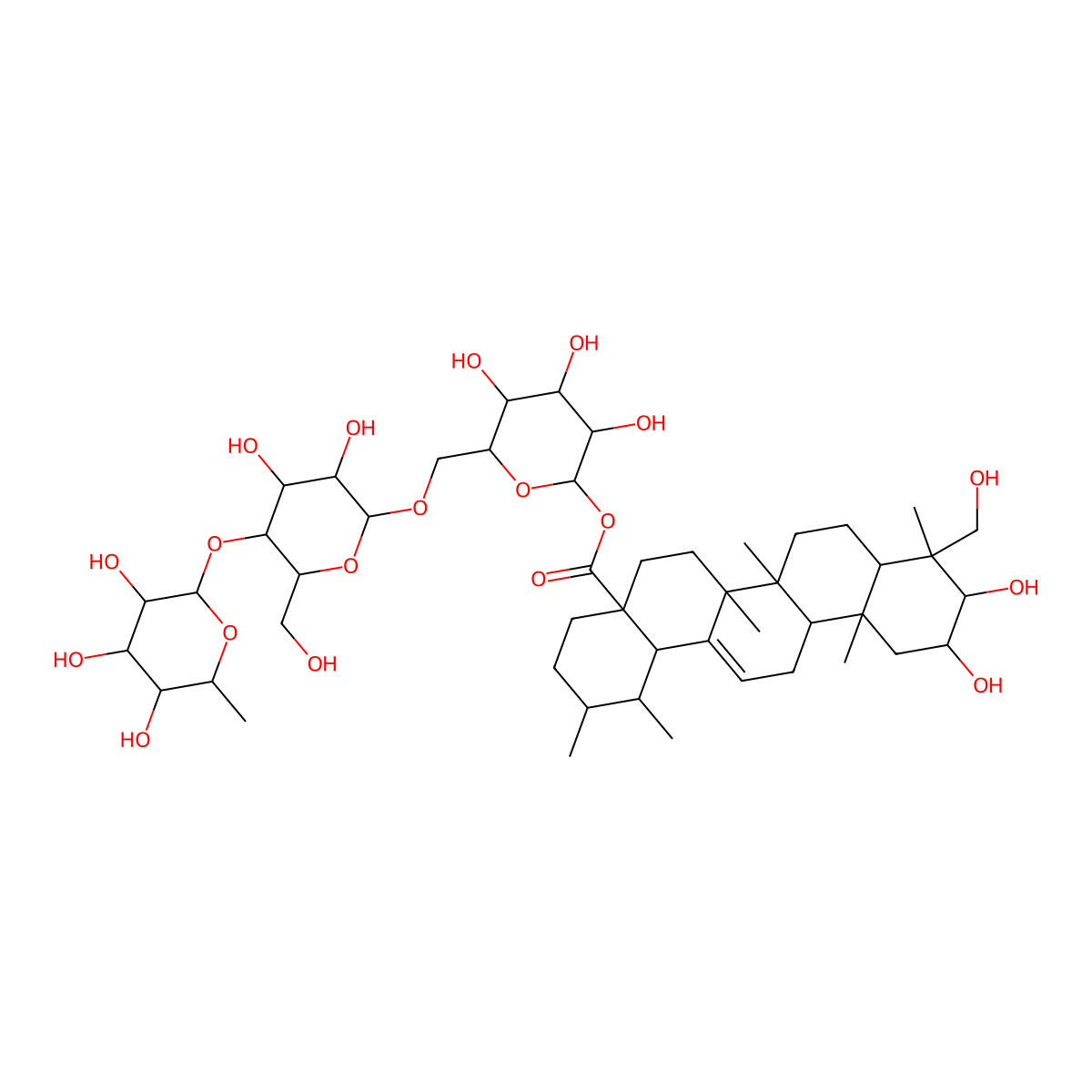 [(2S,3R,4S,5S,6R)-6-[[(2R,3R,4R,5S,6R)-3,4-dihydroxy-6-(hydroxymethyl)-5-[(2S,3R,4R,5R,6R)-3,4,5-trihydroxy-6-methyloxan-2-yl]oxyoxan-2-yl]oxymethyl]-3,4,5-trihydroxyoxan-2-yl] (1S,2R,4aS,6aR,6aS,6bR,8aR,9R,10R,11R,12aR,14bR)-10,11-dihydroxy-9-(hydroxymethyl)-1,2,6a,6b,9,12a-hexamethyl-2,3,4,5,6,6a,7,8,8a,10,11,12,13,14b-tetradecahydro-1H-picene-4a-carboxylate molecular structure, CAS 16830-15-2
