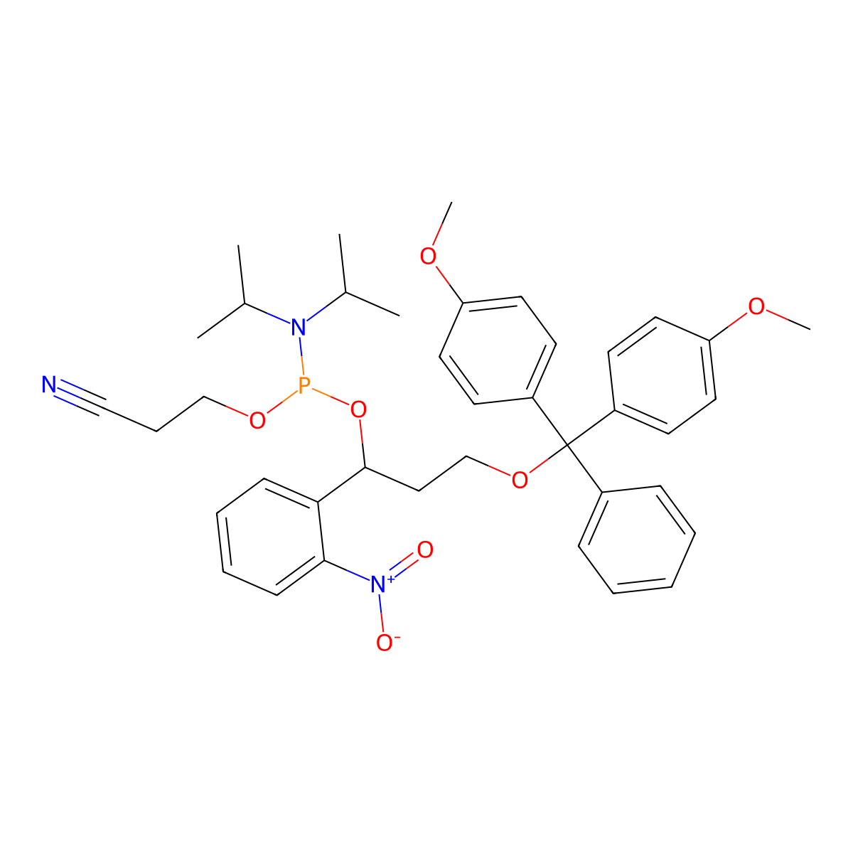 3-(Bis(4-methoxyphenyl)(phenyl)methoxy)-1-(2-nitrophenyl)propyl (2-cyanoethyl) diisopropylphosphoramidite molecular structure, CAS 168329-40-6