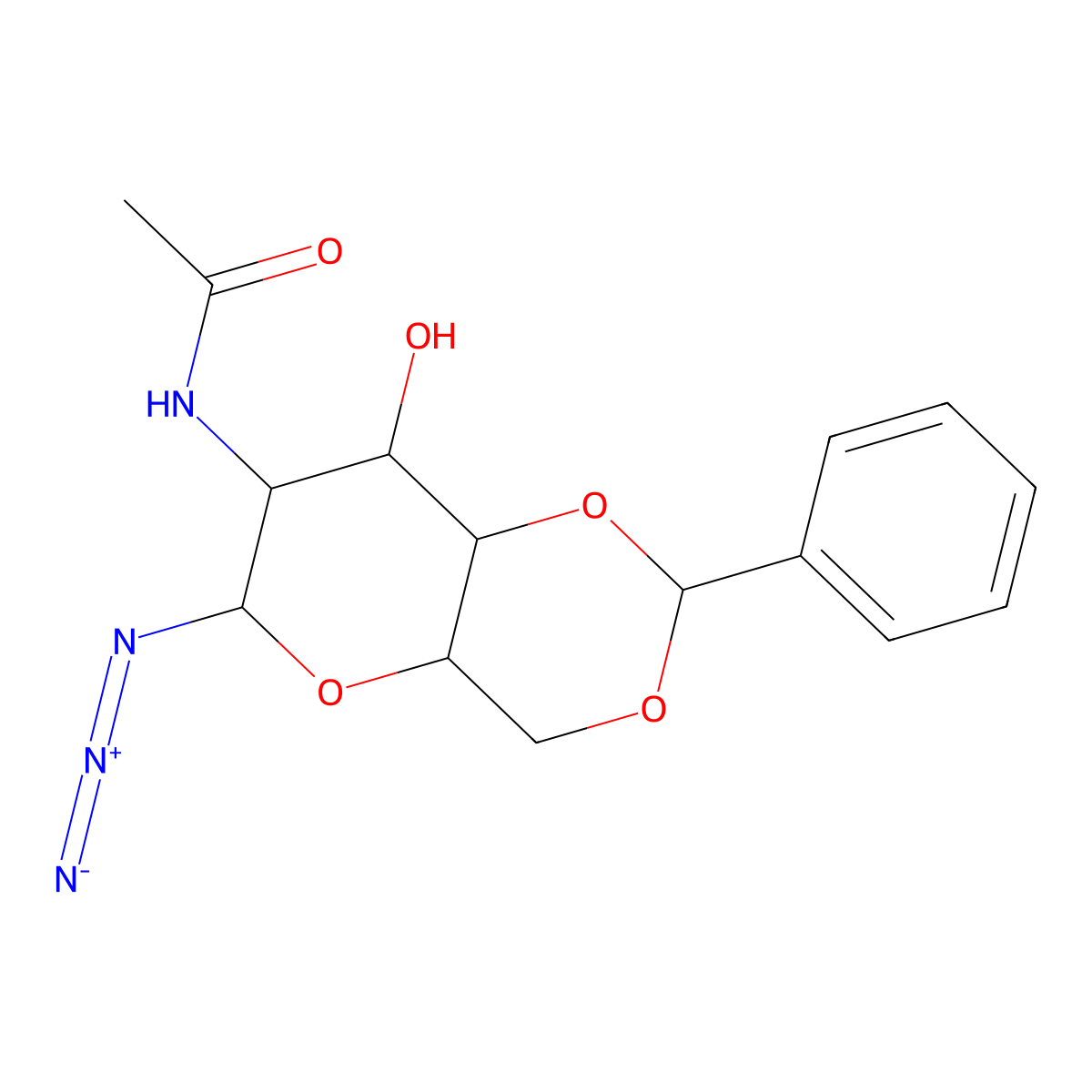 N-(6-azido-8-hydroxy-2-phenyl-4,4a,6,7,8,8a-hexahydropyrano[3,2-d][1,3]dioxin-7-yl)acetamide molecular structure, CAS 168397-51-1