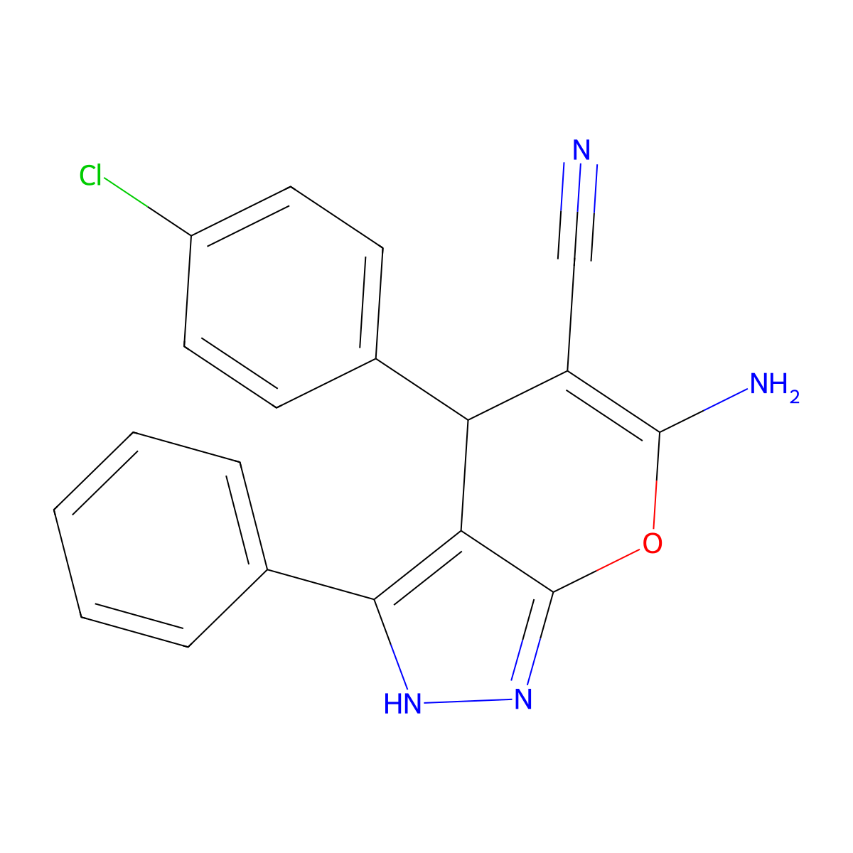 6-Amino-4-(4-chlorophenyl)-3-phenyl-1,4-dihydropyrano[2,3-c]pyrazole-5-carbonitrile molecular structure, CAS 168429-49-0