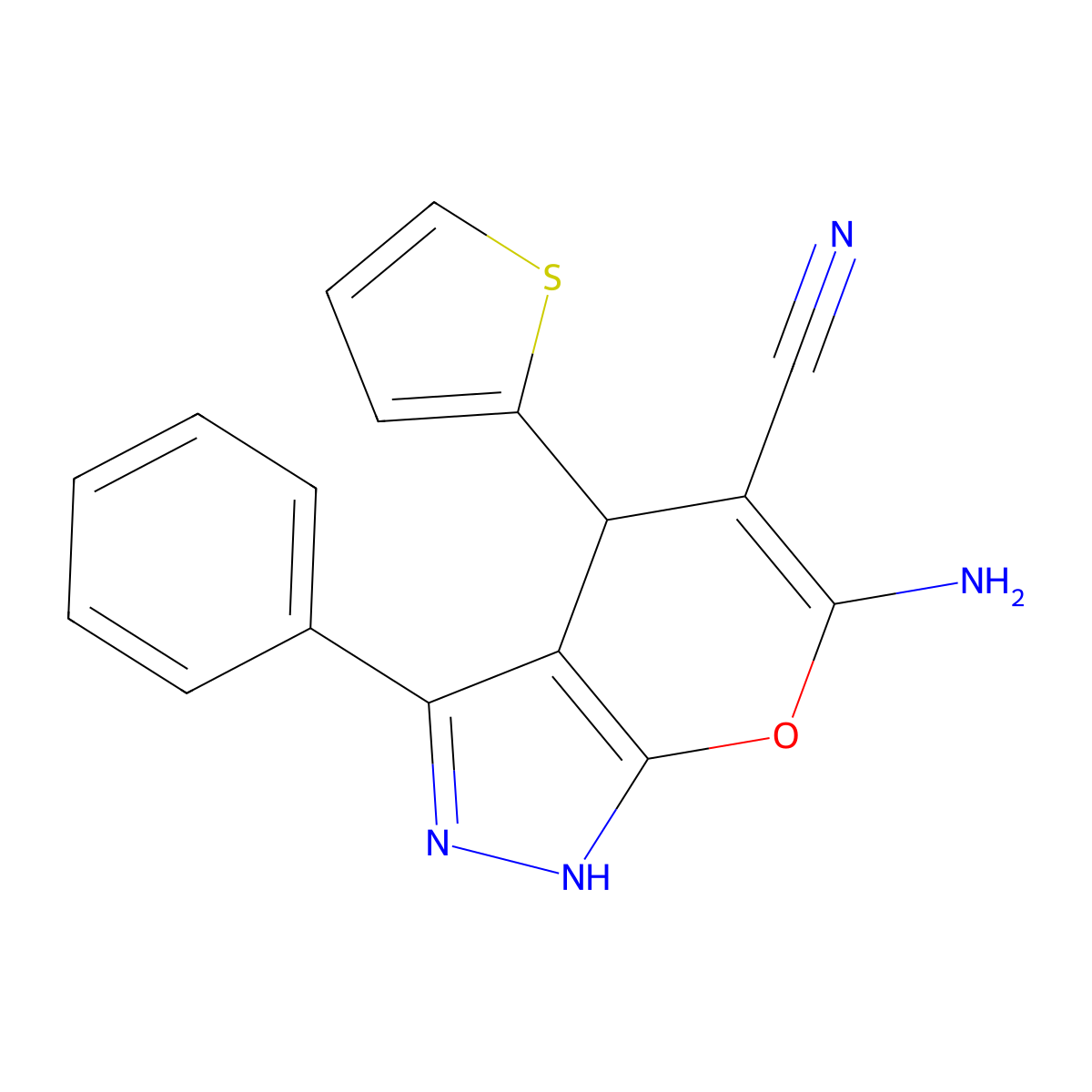 6-Amino-3-phenyl-4-(2-thienyl)-1,4-dihydropyrano[2,3-c]pyrazole-5-carbonitrile molecular structure, CAS 168429-61-6