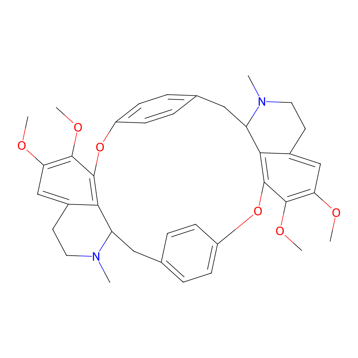 4,5,19,20-Tetramethoxy-10,25-dimethyl-2,17-dioxa-10,25-diazaheptacyclo[26.2.2.213,16.13,7.118,22.011,36.026,33]hexatriaconta-1(30),3(36),4,6,13(35),14,16(34),18(33),19,21,28,31-dodecaene molecular structure, CAS 16846-79-0