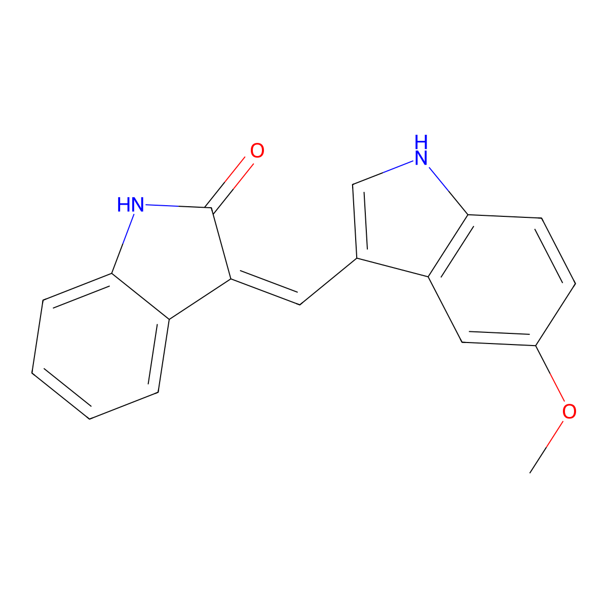 2H-Indol-2-one, 1,3-dihydro-3-[(5-methoxy-1H-indol-3-yl)methylene]- molecular structure, CAS 168464-14-0