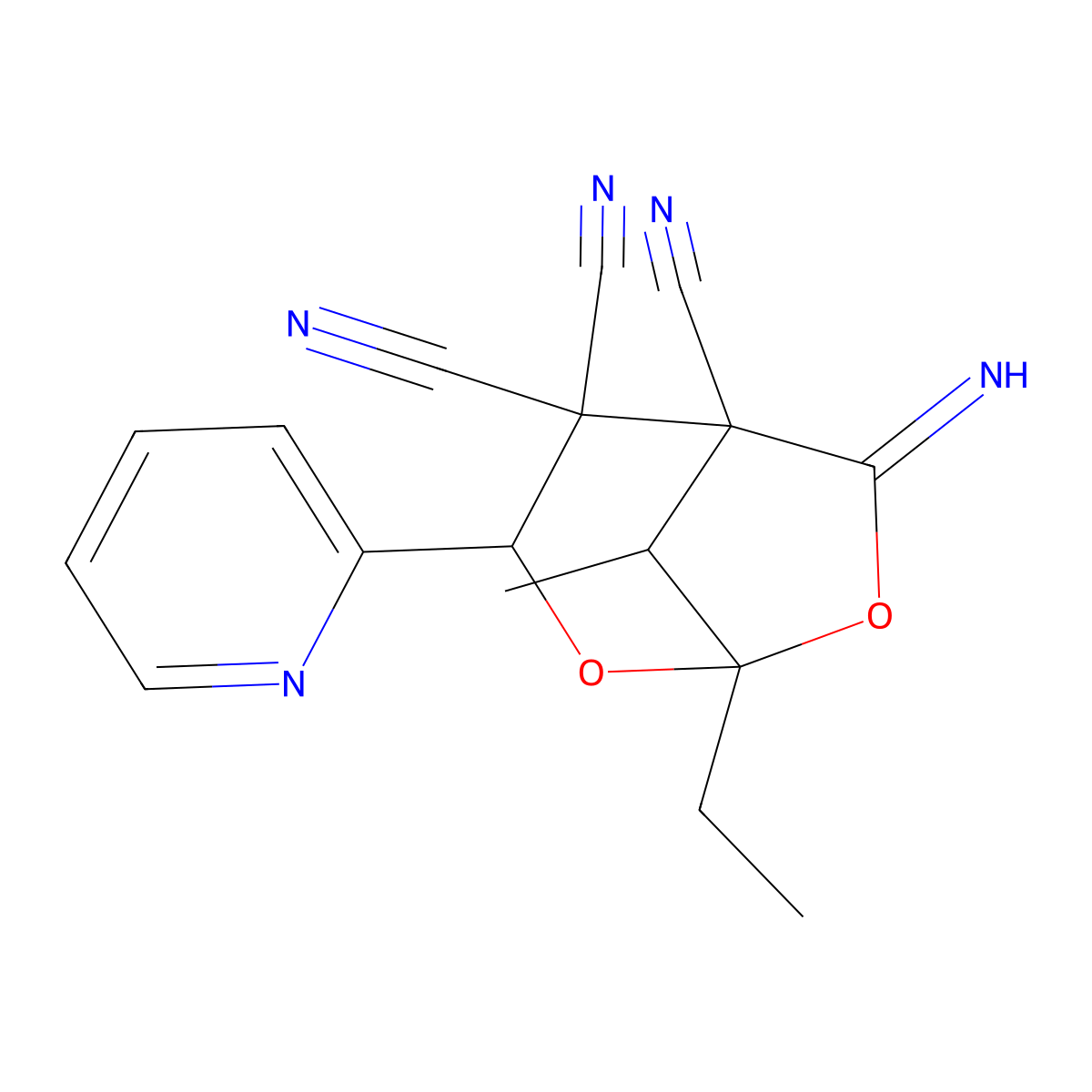 1-Ethyl-6-imino-8-methyl-3-pyridin-2-yl-2,7-dioxabicyclo[3.2.1]octane-4,4,5-tricarbonitrile molecular structure, CAS 1685289-38-6