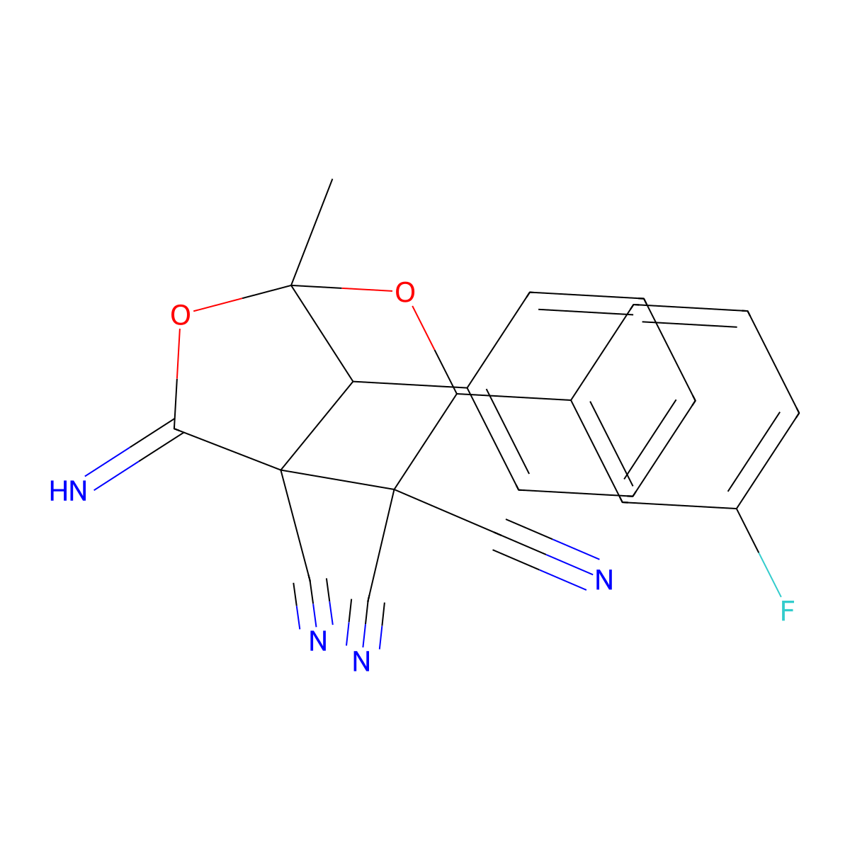 3-(3-Fluorophenyl)-6-imino-1-methyl-8-phenyl-2,7-dioxabicyclo[3.2.1]octane-4,4,5-tricarbonitrile molecular structure, CAS 1685289-39-7