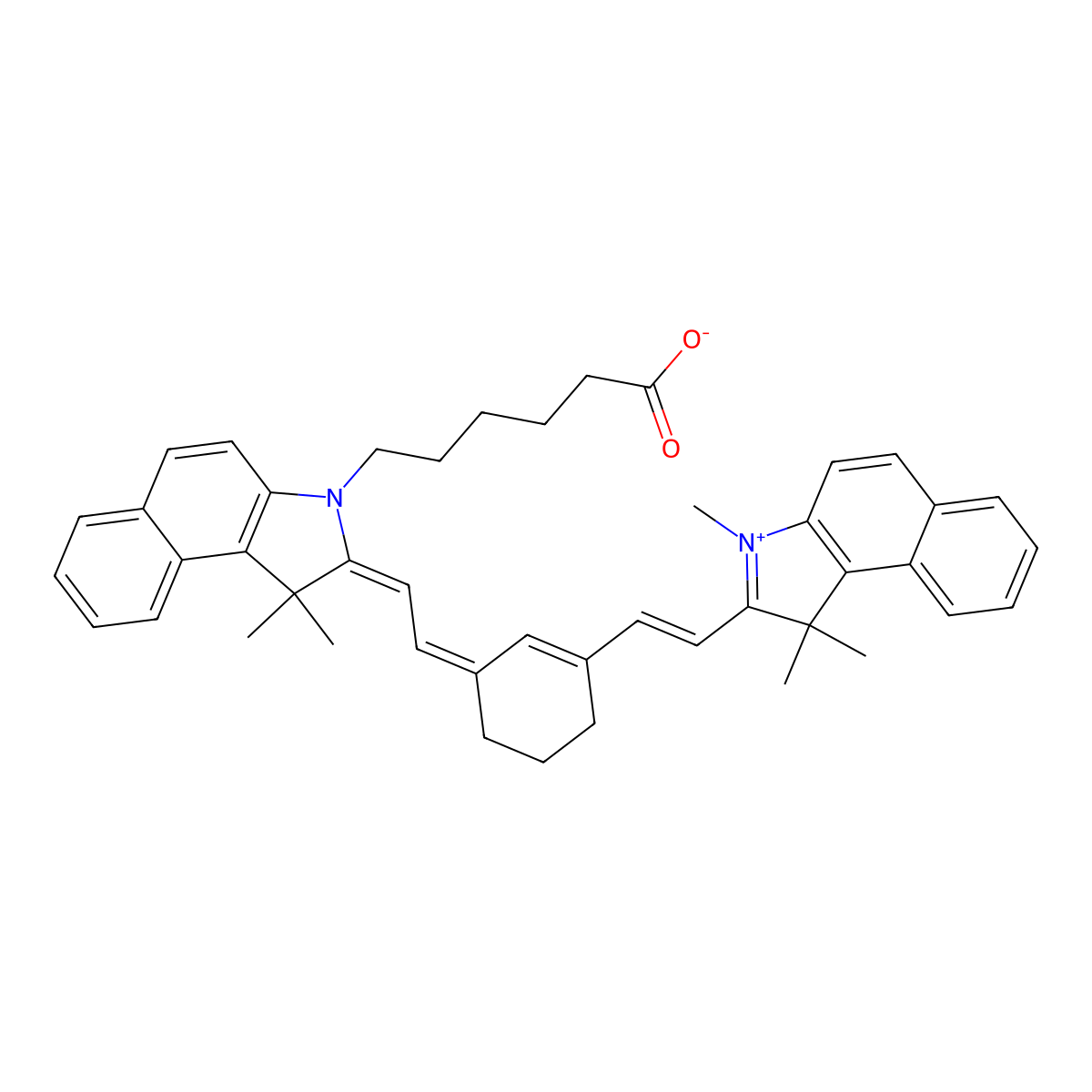 6-[1,1-Dimethyl-2-[2-[3-[2-(1,1,3-trimethylbenzo[e]indol-3-ium-2-yl)ethenyl]cyclohex-2-en-1-ylidene]ethylidene]benzo[e]indol-3-yl]hexanoate molecular structure, CAS 1686147-68-1