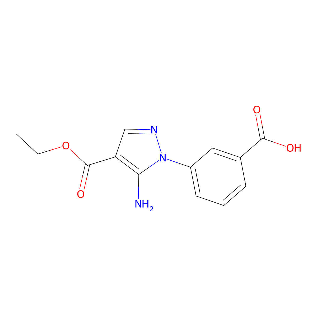 3-(5-amino-4-(ethoxycarbonyl)-1H-pyrazol-1-yl)benzoic acid molecular structure, CAS 168619-17-8