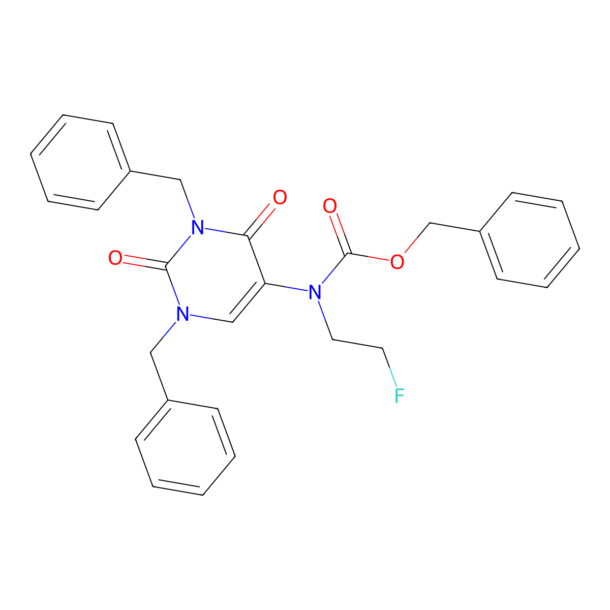Benzyl (1,3-dibenzyl-2,4-dioxo-1,2,3,4-tetrahydropyrimidin-5-yl)(2-fluoroethyl)carbamate molecular structure, CAS 16869-85-5