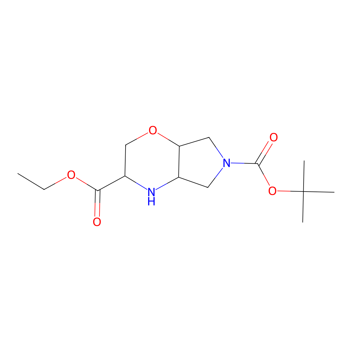 rac-6-tert-butyl 3-ethyl (3R,4aR,7aR)-octahydropyrrolo(3,4-b)(1,4)oxazine-3,6-dicarboxylate molecular structure, CAS 1688653-03-3