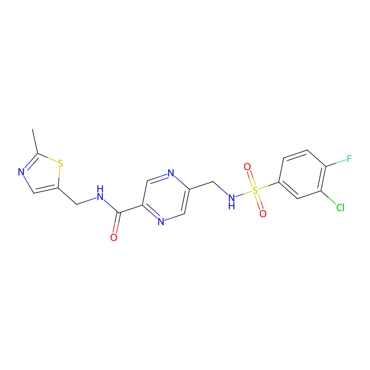 5-({[(3-Chloro-4-Fluorophenyl)sulfonyl]amino}methyl)-N-[(2-Methyl-1,3-Thiazol-5-Yl)methyl]pyrazine-2-Carboxamide molecular structure, CAS 1688684-07-2