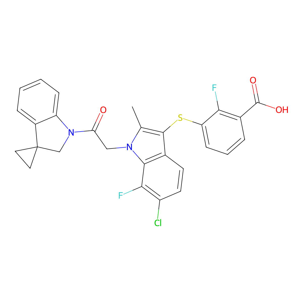 3-({6-Chloro-7-Fluoro-2-Methyl-1-[2-Oxo-2-(Spiro[cyclopropane-1,3'-Indol]-1'(2'h)-Yl)ethyl]-1h-Indol-3-Yl}sulfanyl)-2-Fluorobenzoic Acid molecular structure, CAS 1689554-51-5