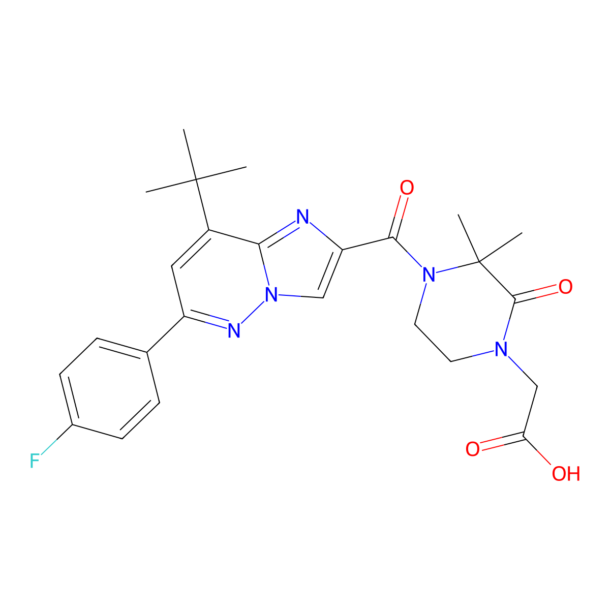 2-(4-(8-(Tert-butyl)-6-(4-fluorophenyl)imidazo[1,2-B]pyridazine-2-carbonyl)-3,3-dimethyl-2-oxopiperazin-1-YL)acetic acid molecular structure, CAS 1690175-74-6
