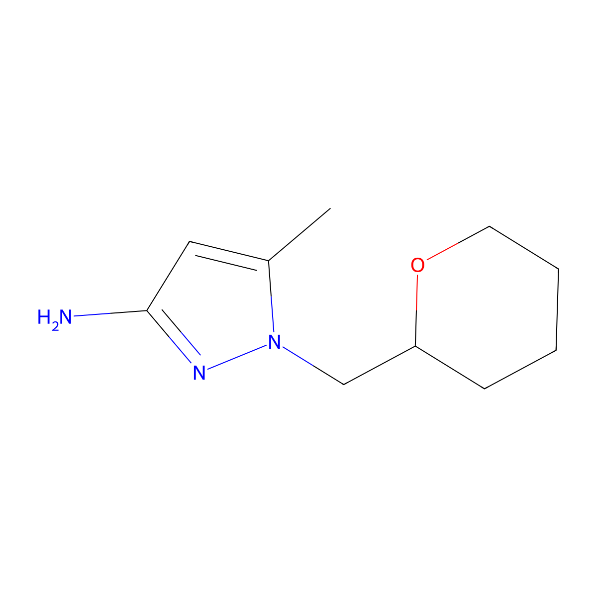5-Methyl-1-[(oxan-2-yl)methyl]-1H-pyrazol-3-amine molecular structure, CAS 1690435-27-8