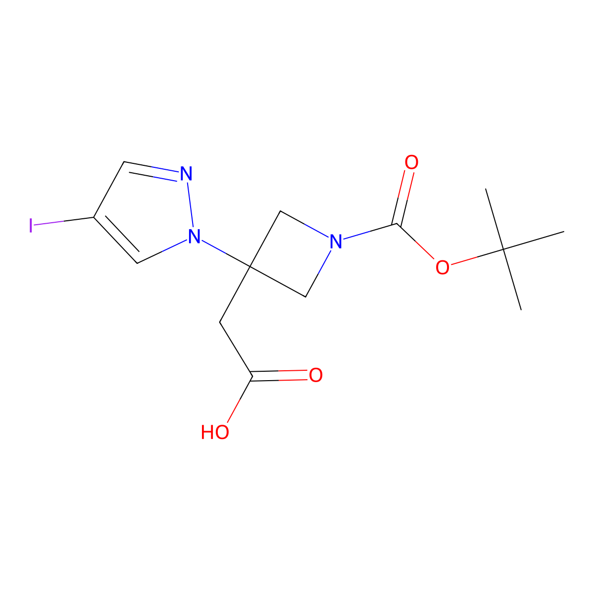 2-{1-[(tert-butoxy)carbonyl]-3-(4-iodo-1H-pyrazol-1-yl)azetidin-3-yl}acetic acid molecular structure, CAS 1691081-88-5