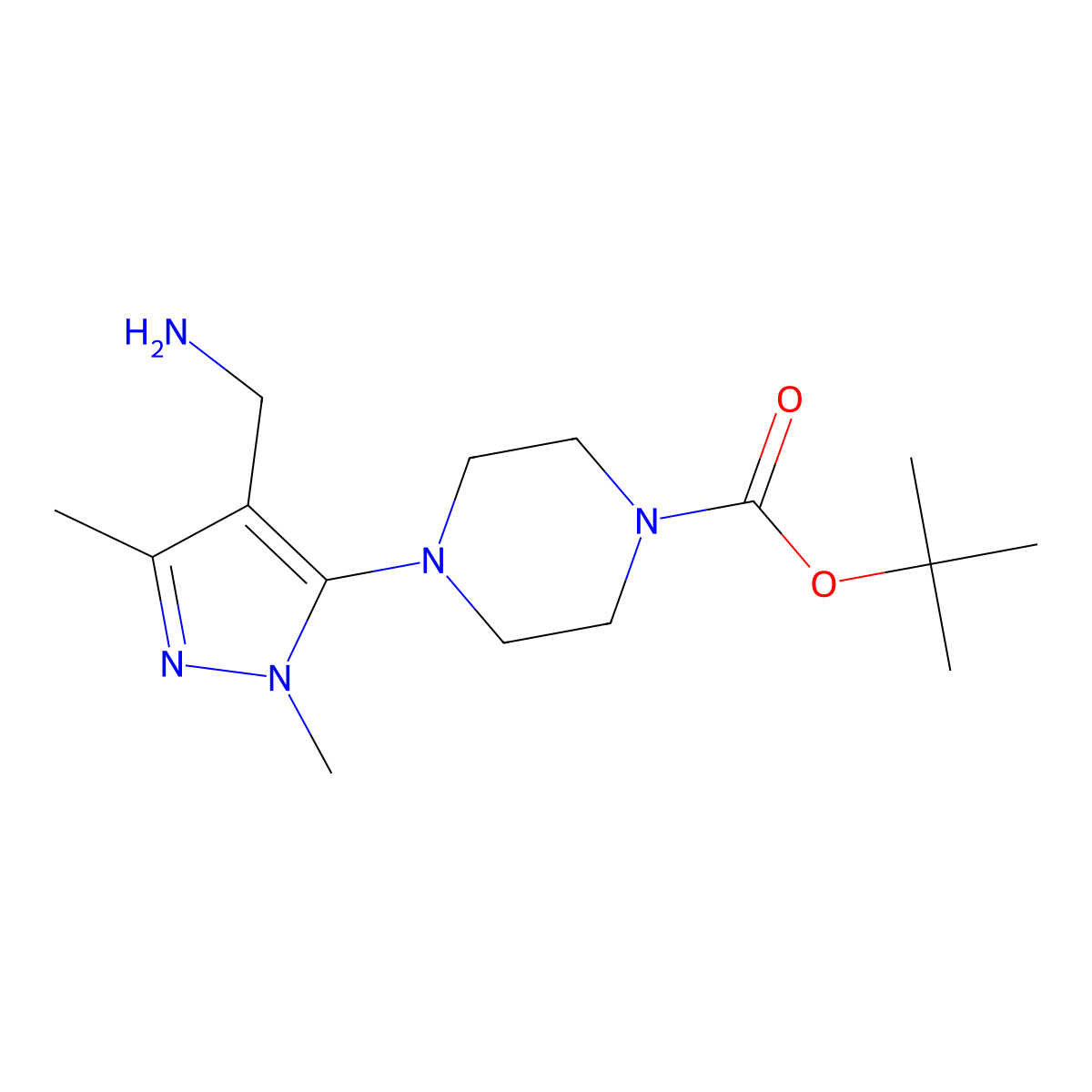 tert-butyl 4-[4-(aminomethyl)-1,3-dimethyl-1H-pyrazol-5-yl]piperazine-1-carboxylate molecular structure, CAS 1691085-72-9