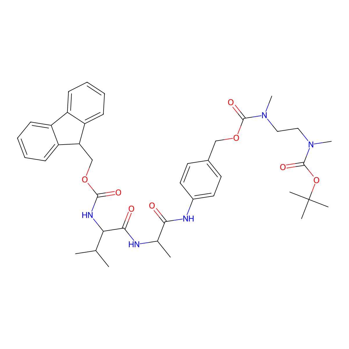Fmoc-Val-Ala-PAB-NMeCH2CH2NMe-Boc molecular structure, CAS 1691196-82-3