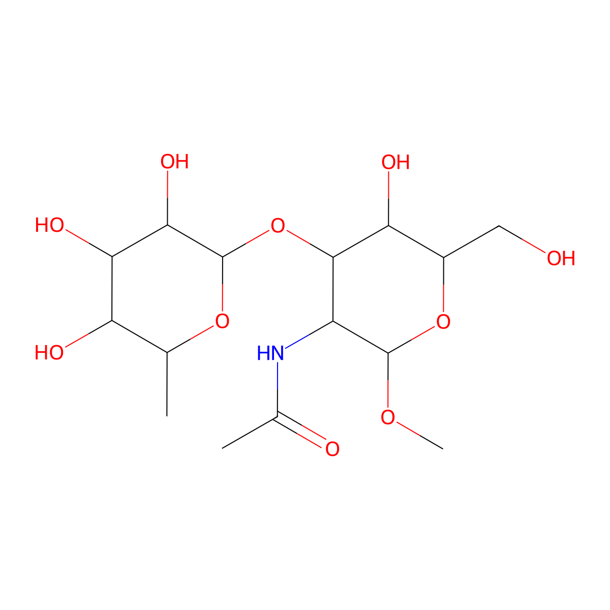 N-[(2R,3R,4R,5S,6R)-5-hydroxy-6-(hydroxymethyl)-2-methoxy-4-[(2S,3S,4R,5S,6S)-3,4,5-trihydroxy-6-methyloxan-2-yl]oxyoxan-3-yl]acetamide molecular structure, CAS 169151-24-0