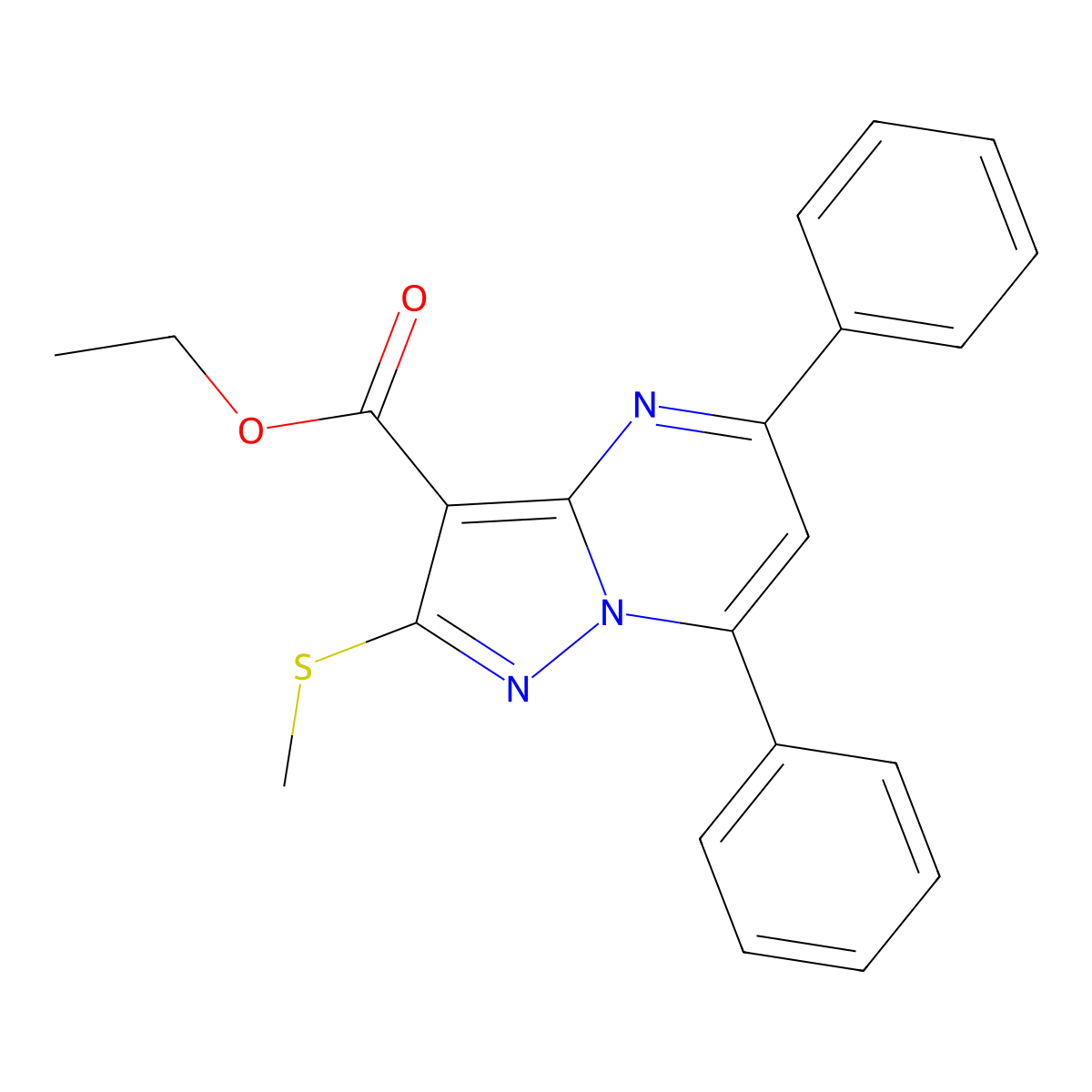 Ethyl 2-(methylsulfanyl)-5,7-diphenylpyrazolo[1,5-a]pyrimidine-3-carboxylate molecular structure, CAS 169268-40-0