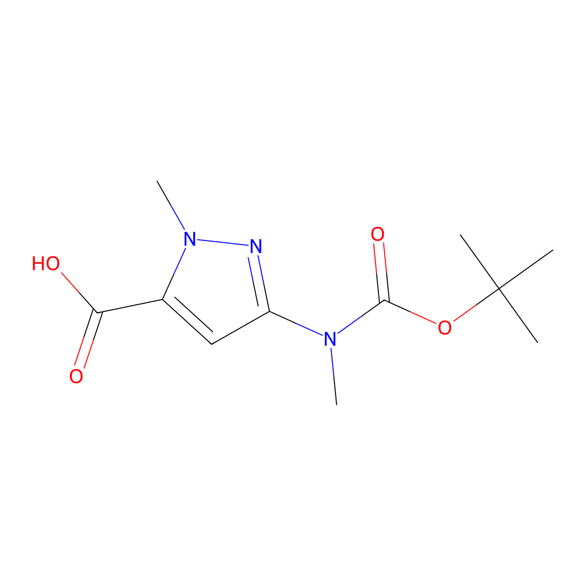 3-((tert-Butoxycarbonyl)(methyl)amino)-1-methyl-1H-pyrazole-5-carboxylic acid molecular structure, CAS 1692905-99-9