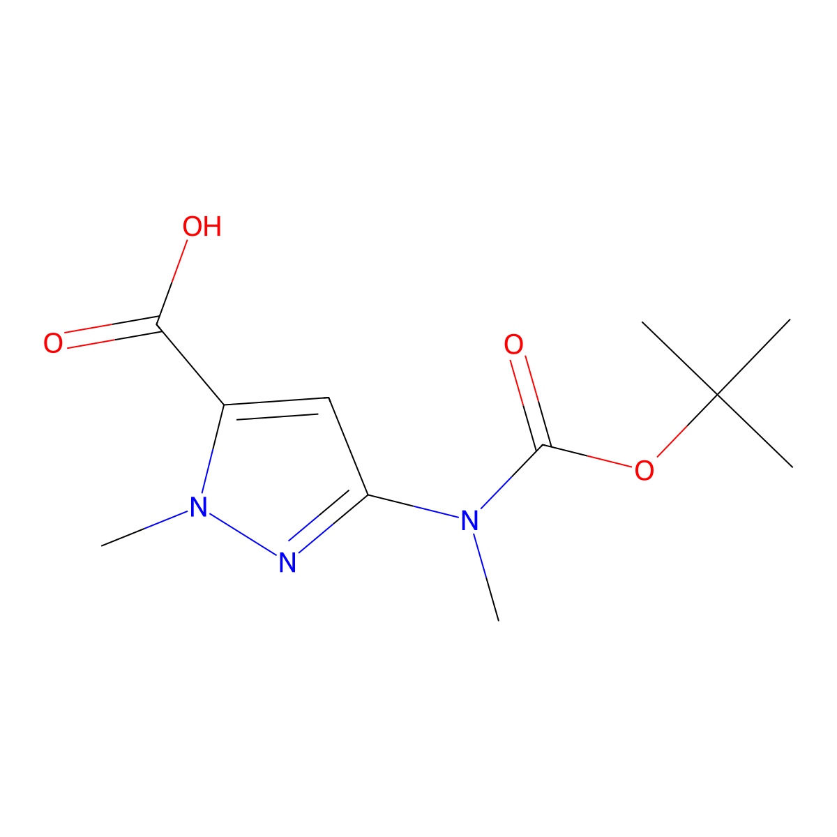 3-((tert-Butoxycarbonyl)(methyl)amino)-1-methyl-1H-pyrazole-5-carboxylic acid molecular structure, CAS 1692905-99-9