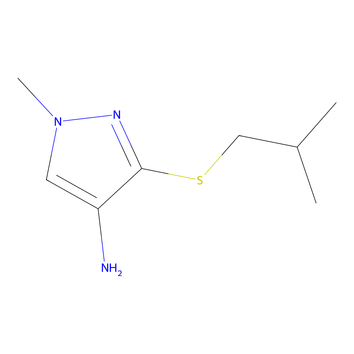 1-methyl-3-[(2-methylpropyl)sulfanyl]-1H-pyrazol-4-amine molecular structure, CAS 1693661-30-1