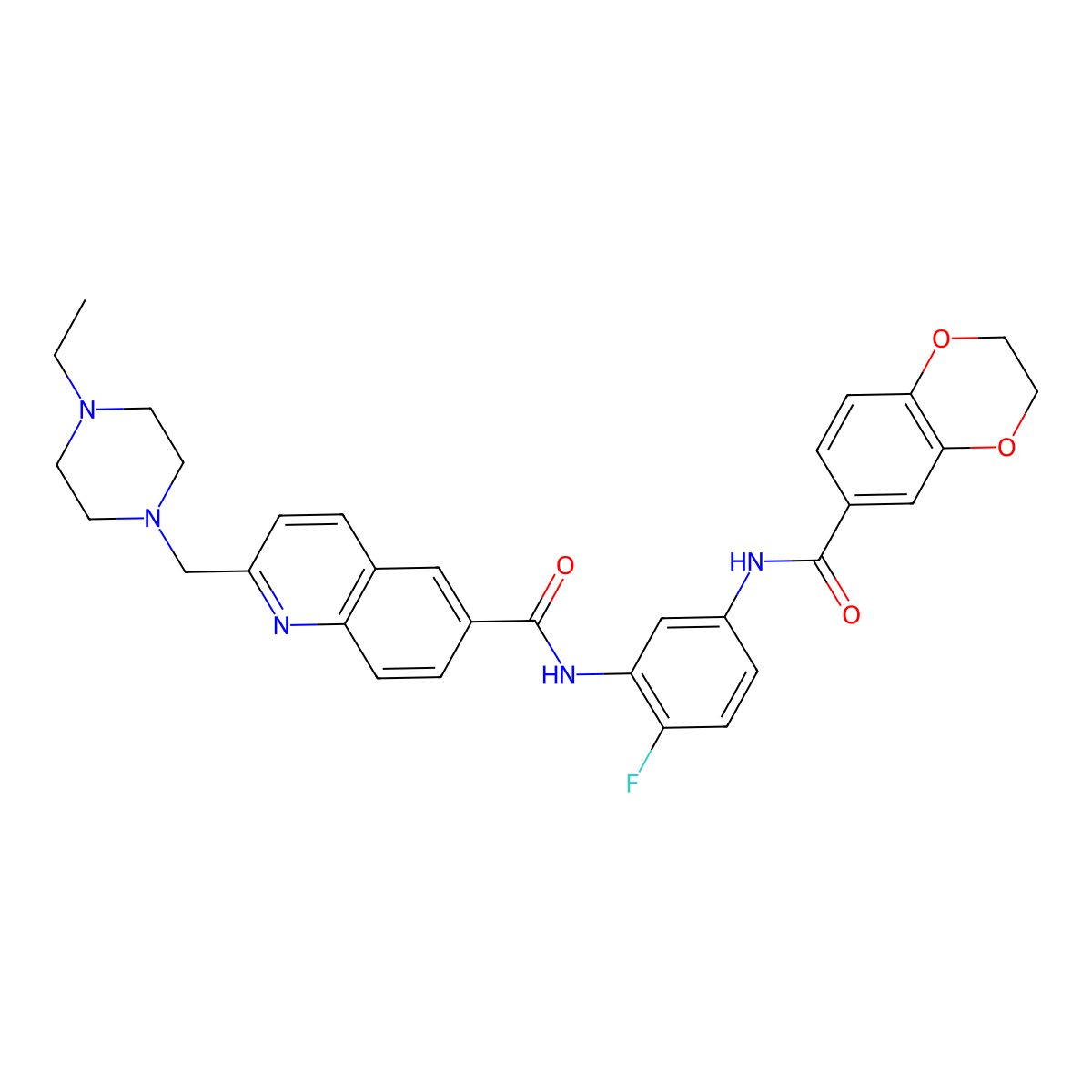 N-(5-(2,3-dihydrobenzo(b)(1,4)dioxine-6-carboxamido)-2-fluorophenyl)-2-((4-ethylpiperazin-1-yl)methyl)quinoline-6-carboxamide molecular structure, CAS 1693734-80-3