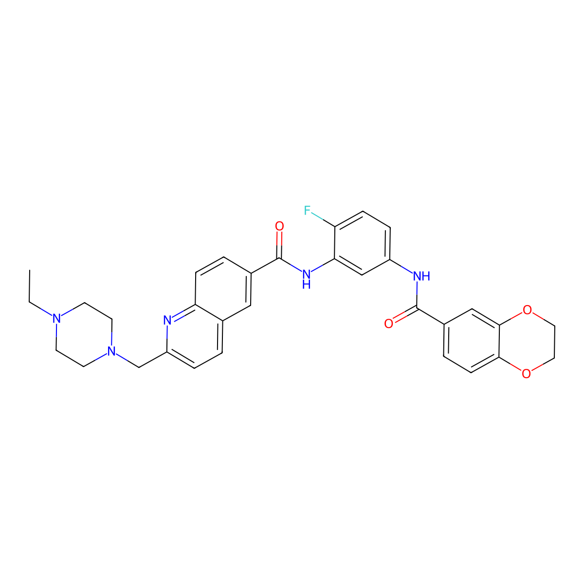 N-(5-(2,3-dihydrobenzo(b)(1,4)dioxine-6-carboxamido)-2-fluorophenyl)-2-((4-ethylpiperazin-1-yl)methyl)quinoline-6-carboxamide molecular structure, CAS 1693734-80-3
