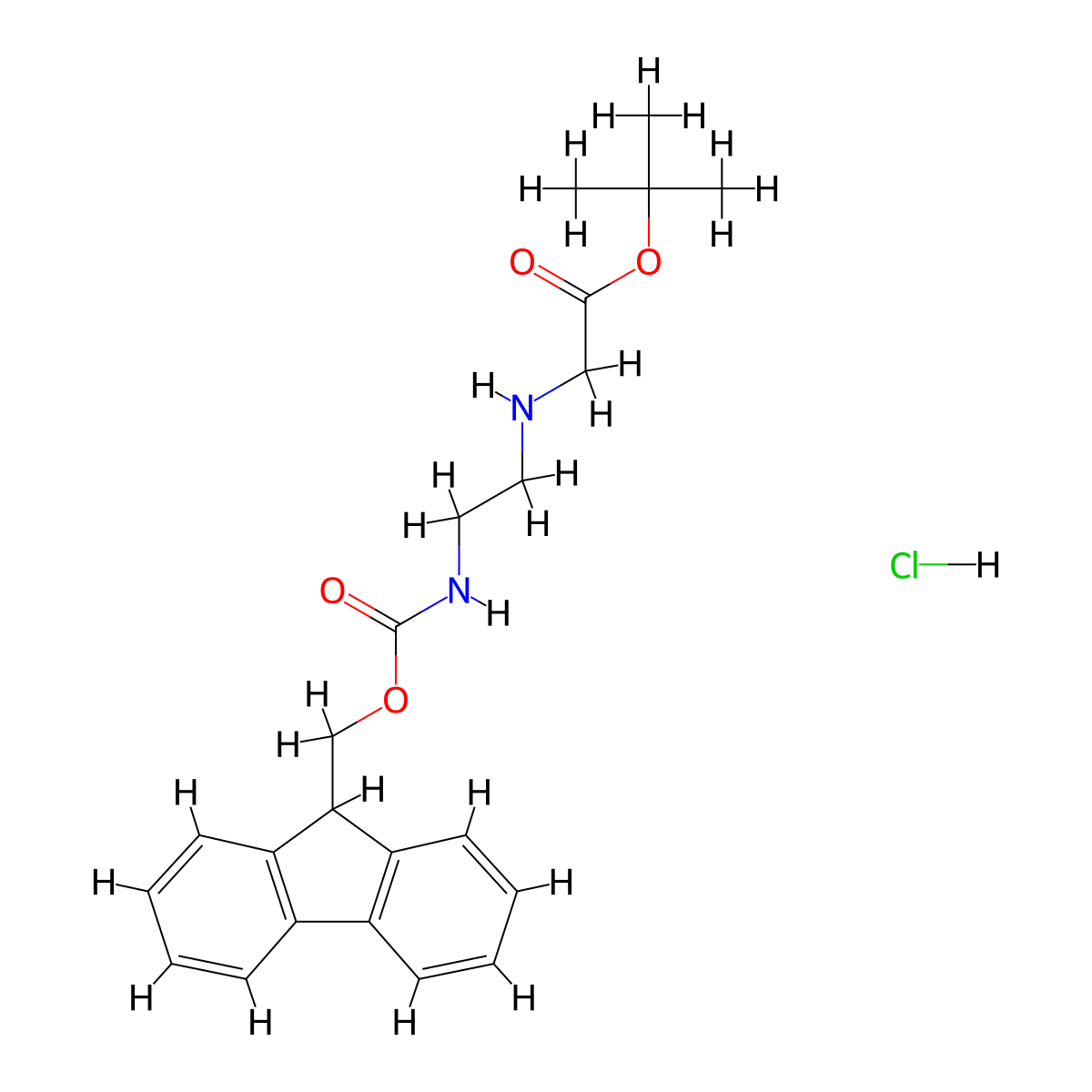 tert-Butyl 2-((2-((((9H-fluoren-9-yl)methoxy)carbonyl)amino)ethyl)amino)acetate hydrochloride molecular structure, CAS 169396-88-7