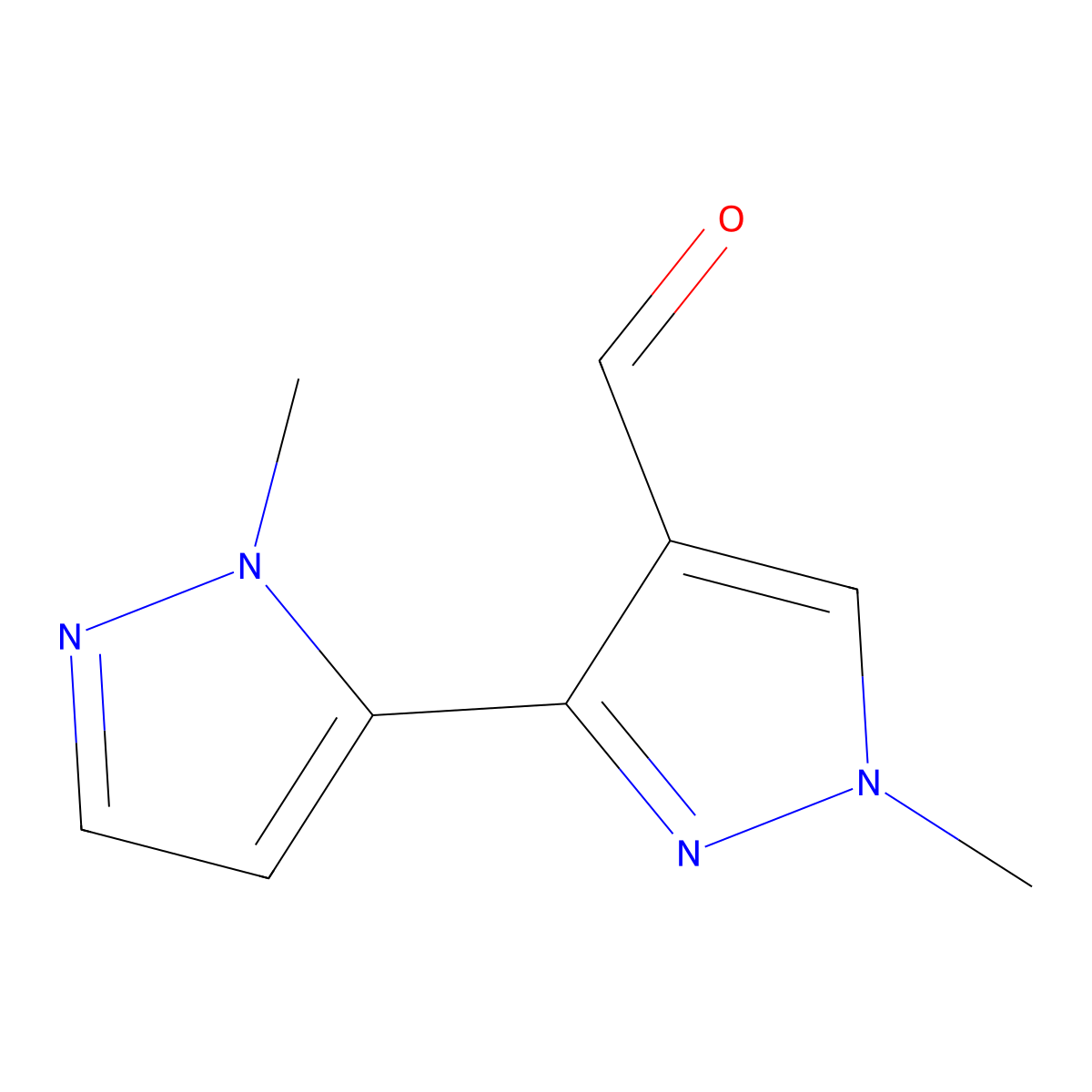 1-methyl-3-(1-methyl-1H-pyrazol-5-yl)-1H-pyrazole-4-carbaldehyde molecular structure, CAS 1694299-08-5